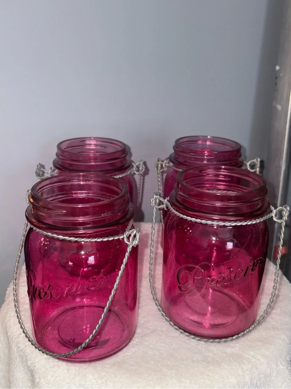 Set of 4 pink mason jar decorative glass vases/candle holders